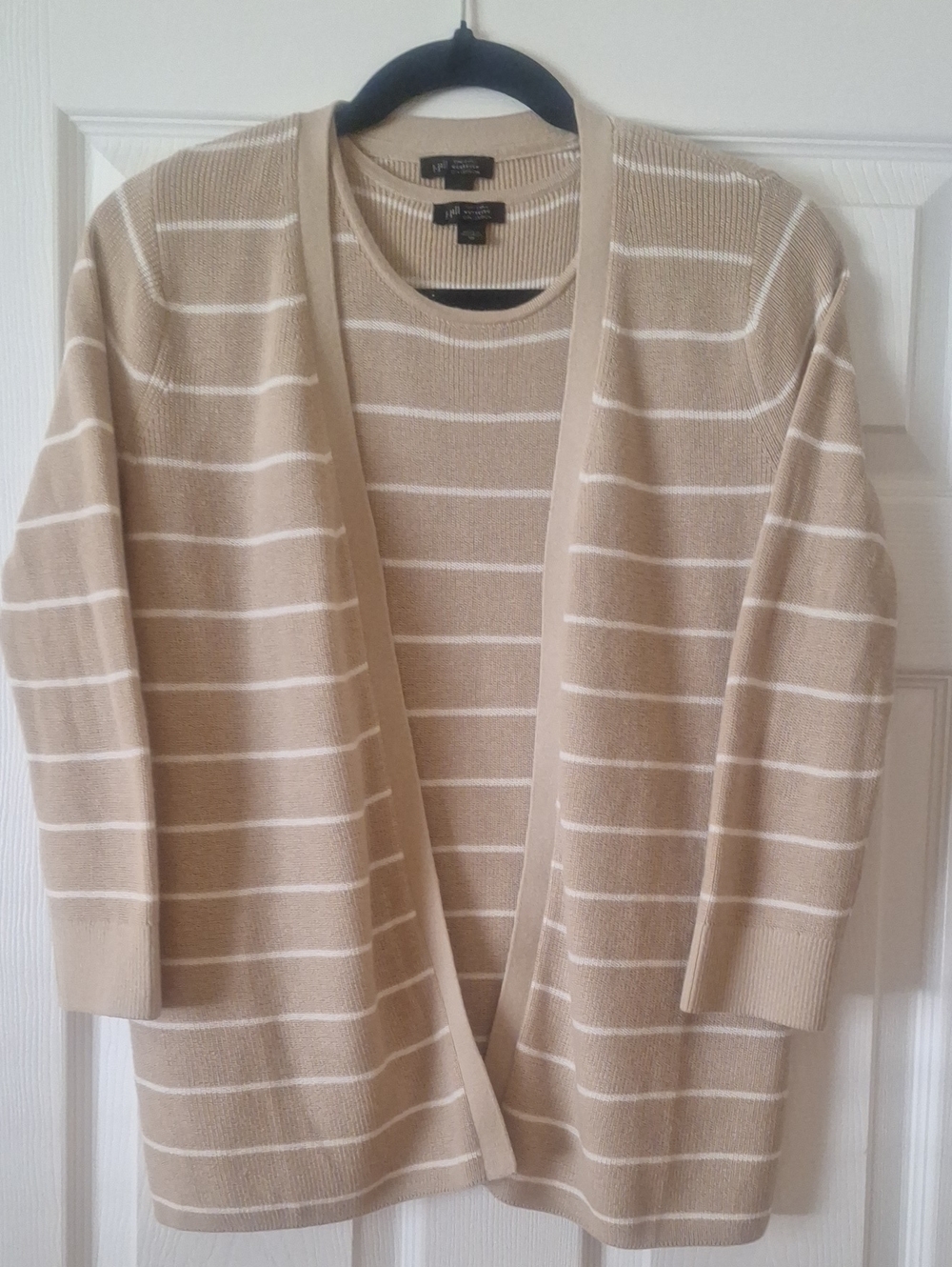 Karen Scott Cream and White Striped Open-Front Cardigan And Tank